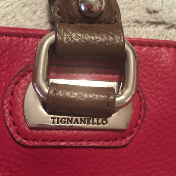 Tignanello Purse Red/Brown Leather Shoulder/hand bag Satchel attached log tag - Picture 8 of 12